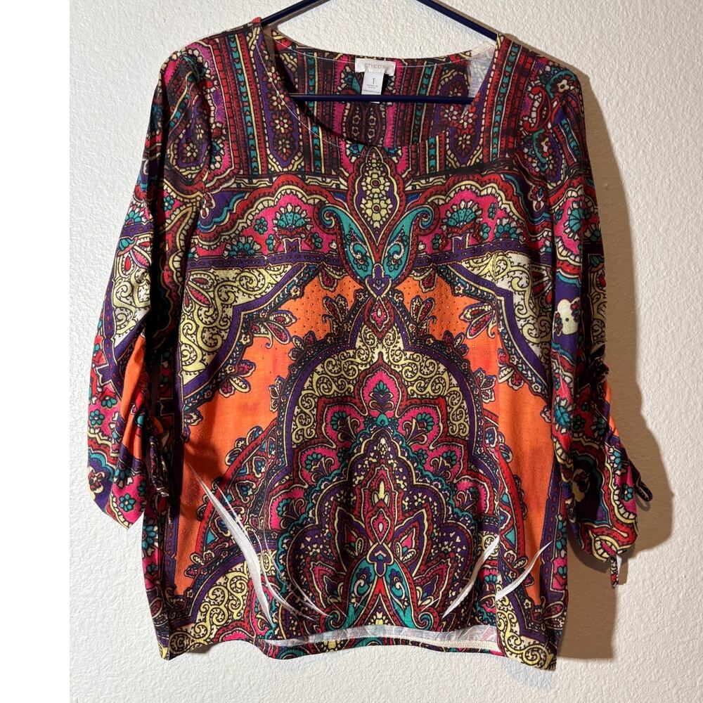 Chico's Size 1 (M) Artsy Boho Paisley Mandala Jewel Embellished 3/4 Sleeves Top